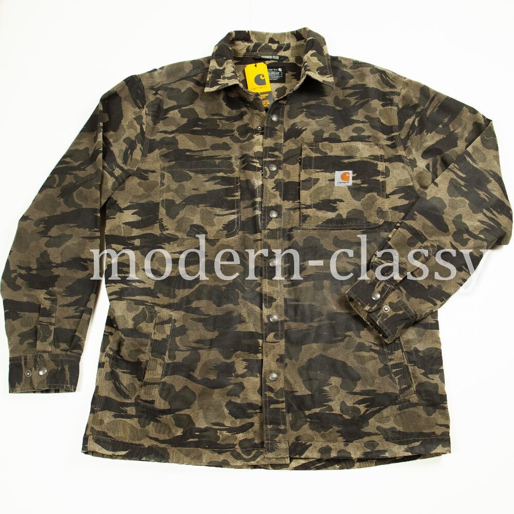 Carhartt RUGGED FLEX® Tin Cloth Canvas Fleece-Lined Snap-Front Camo Jac RP $300